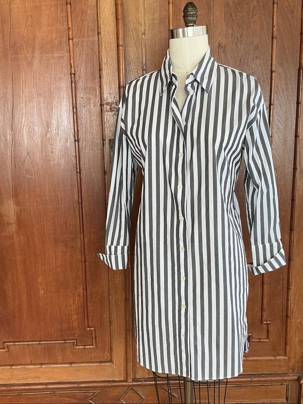 Banana Republic Black and White Striped Cotton Midi Shirt Dress